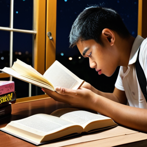 Home 6 **A student translator nervously reviewing a Bahasa Melayu grammar book, surrounded by textbooks and a half-finished cup of *teh tarik*, late at night. The scene should feel relatable to students in Malaysia.**