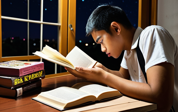 **A student translator nervously reviewing a Bahasa Melayu grammar book, surrounded by textbooks and a half-finished cup of *teh tarik*, late at night. The scene should feel relatable to students in Malaysia.**