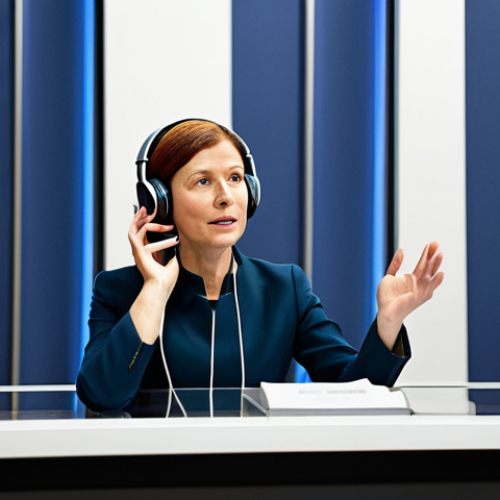A professional international interpreter, fully clothed in a modest business suit, sits focused within a modern interpretation booth at a bustling international conference. Wearing professional headphones and speaking into a microphone, they demonstrate active listening and clear articulation. Glimpses of a diverse, professional audience are visible in the background, reinforcing the global setting. This image is safe for work, appropriate content, and family-friendly, emphasizing professional conduct, perfect anatomy, correct proportions, natural pose, well-formed hands, proper finger count, natural body proportions, professional photography, high quality.