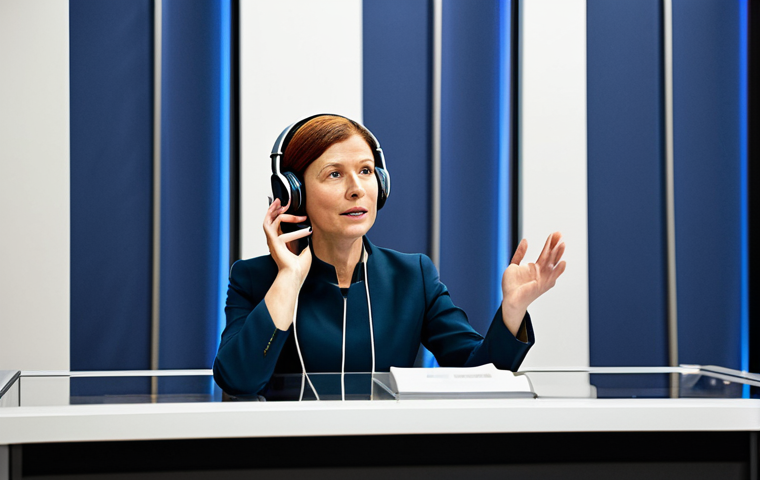 A professional international interpreter, fully clothed in a modest business suit, sits focused within a modern interpretation booth at a bustling international conference. Wearing professional headphones and speaking into a microphone, they demonstrate active listening and clear articulation. Glimpses of a diverse, professional audience are visible in the background, reinforcing the global setting. This image is safe for work, appropriate content, and family-friendly, emphasizing professional conduct, perfect anatomy, correct proportions, natural pose, well-formed hands, proper finger count, natural body proportions, professional photography, high quality.