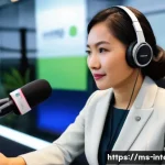 국제통역사 채용 과정 - A professional Malaysian conference interpreter, a woman in her late 30s of Malay ethnicity, is seat...