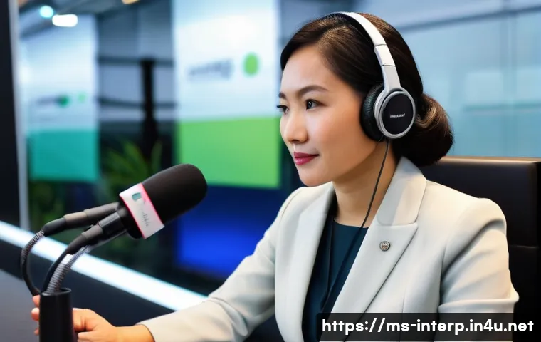 국제통역사 채용 과정 - A professional Malaysian conference interpreter, a woman in her late 30s of Malay ethnicity, is seat...