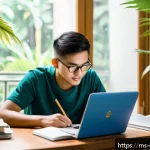 국제통역사 자격증 취득을 위한 시간 관리 - A focused Malaysian adult student sitting at a tidy wooden desk in a bright room during early mornin...