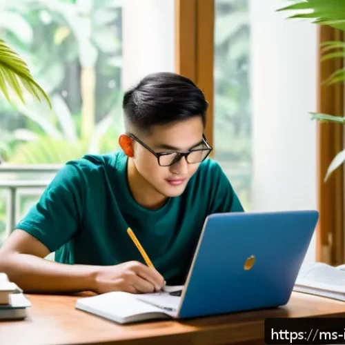 국제통역사 자격증 취득을 위한 시간 관리 - A focused Malaysian adult student sitting at a tidy wooden desk in a bright room during early mornin...