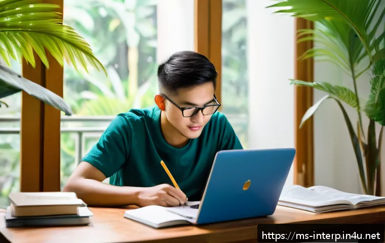 국제통역사 자격증 취득을 위한 시간 관리 - A focused Malaysian adult student sitting at a tidy wooden desk in a bright room during early mornin...