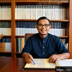 국제통역사 실무 스킬 향상법 - A professional Malaysian translator working in a modern home office filled with cultural artifacts s...