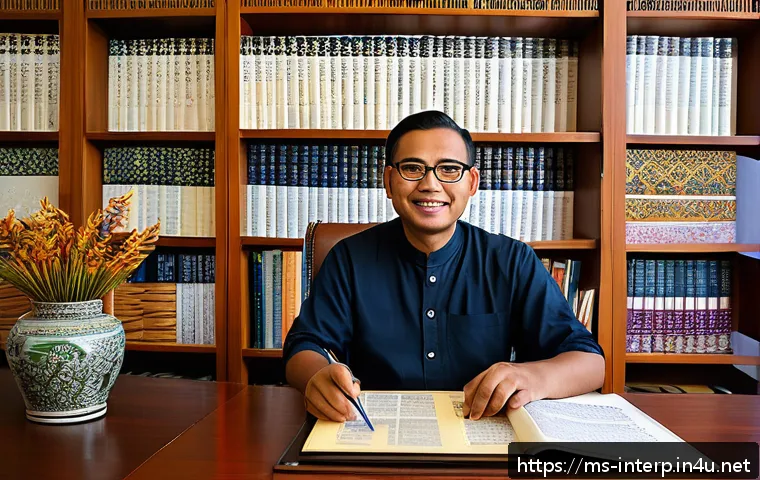 국제통역사 실무 스킬 향상법 - A professional Malaysian translator working in a modern home office filled with cultural artifacts s...
