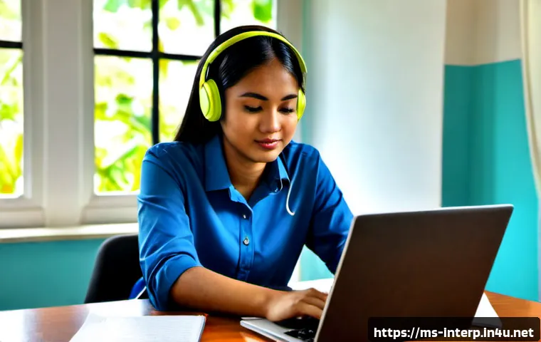 Home 17 통역사 자격 취득을 위한 준비 방법 - Photorealistic aspiring interpreter in a bright Kuala Lumpur study room, wearing modest professional...